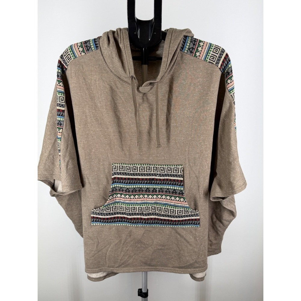 Earthbound Trading Co Womens Hooded Poncho Sweater Taupe Tribal‎ Geometric S